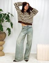 Wool blend striped button down cardigan