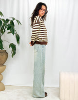 Wool blend striped button down cardigan