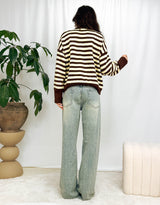 Wool blend striped button down cardigan