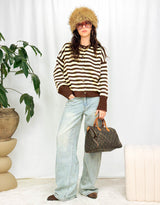 Wool blend striped button down cardigan