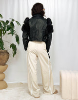 Faux fur detail sleeves cropped biker jacket