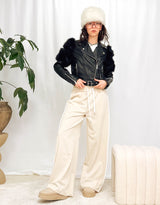 Faux fur detail sleeves cropped biker jacket