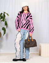 Zebra print wool blend balloon sleeves sweater