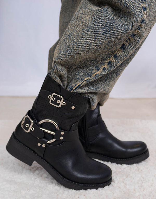 Vegan leather buckle ankle boots