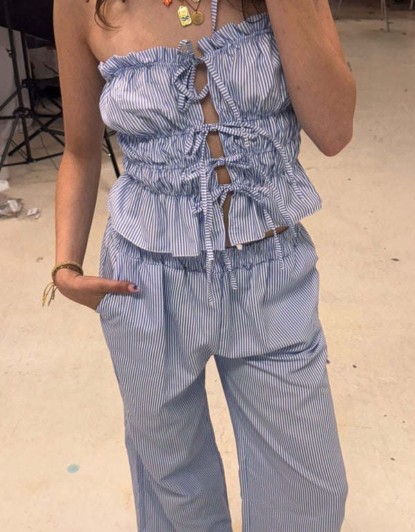 Striped strapless smocked bow top