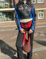 Cropped motor race jacket with patches