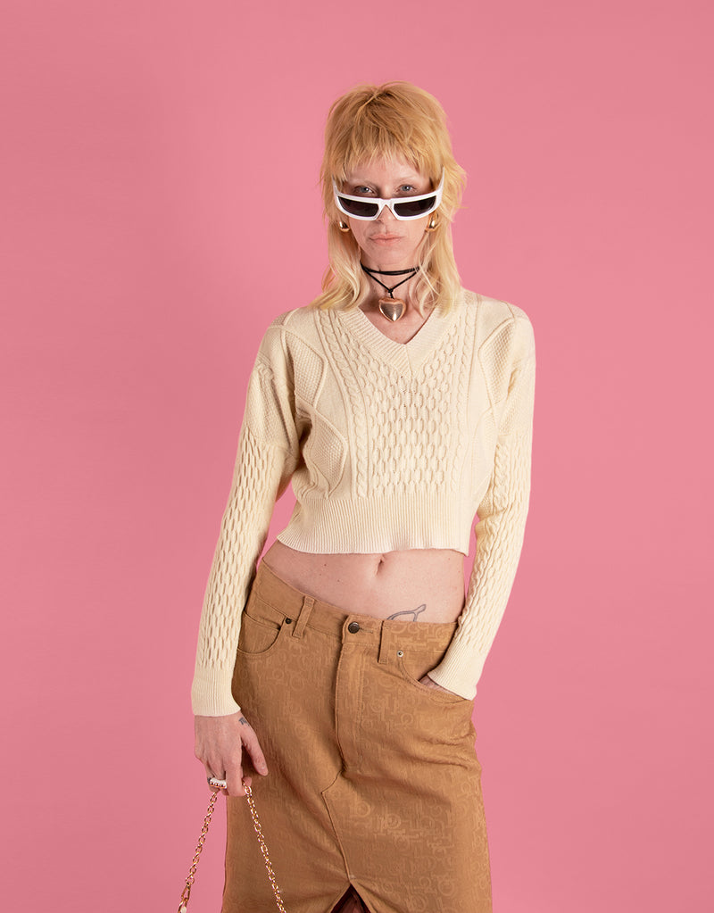 Cropped cable knit sweater