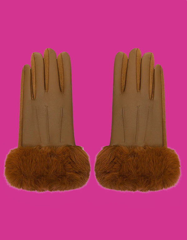 Faux leather faux fur trim gloves