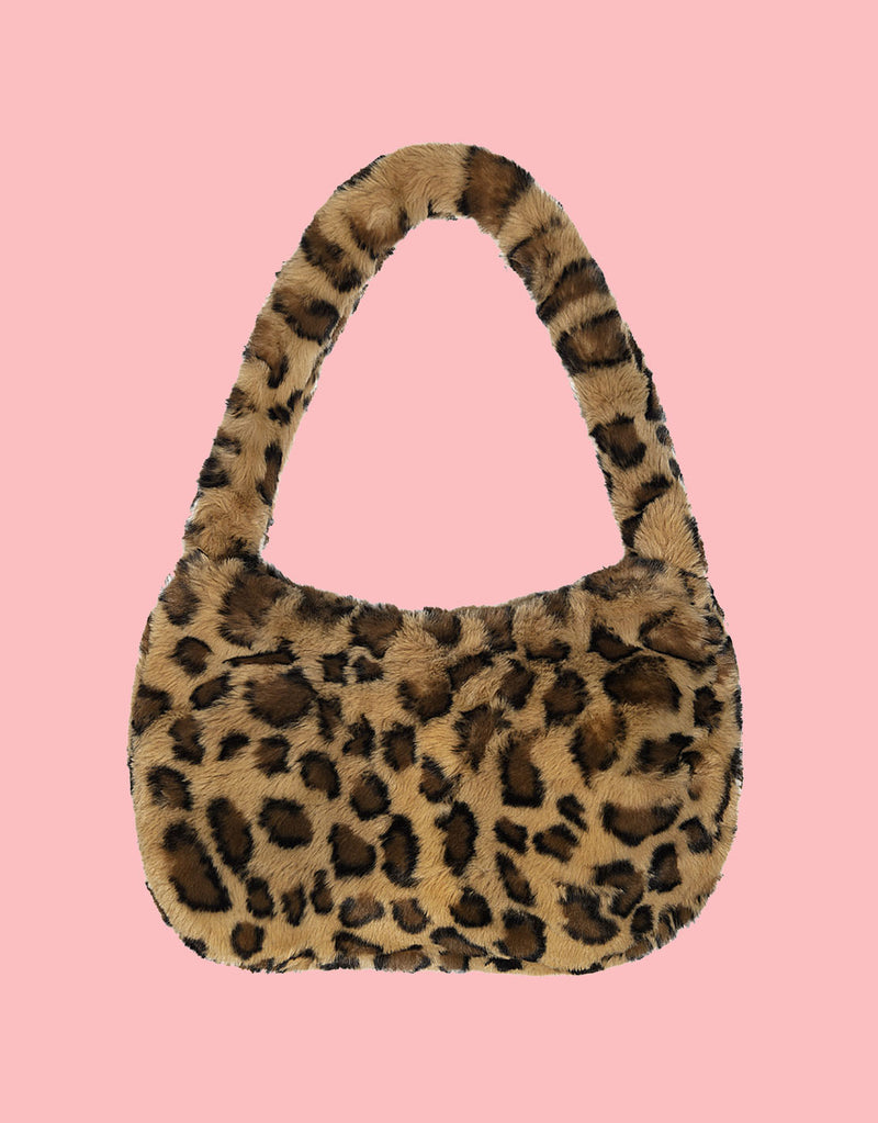 Faux fur leopard print hand bag
