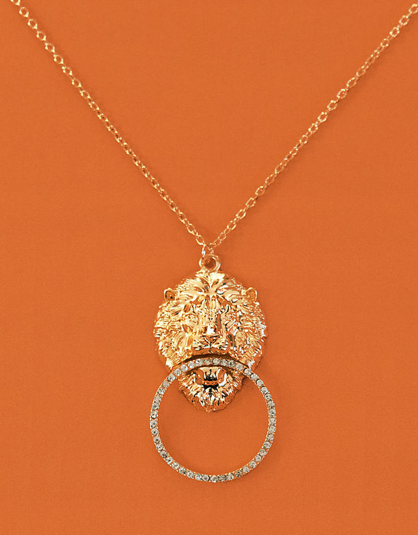 Lion head diamante hoop necklace