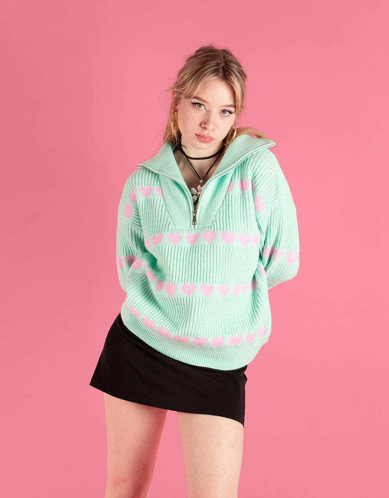 Ribbed zip up hearts sweater