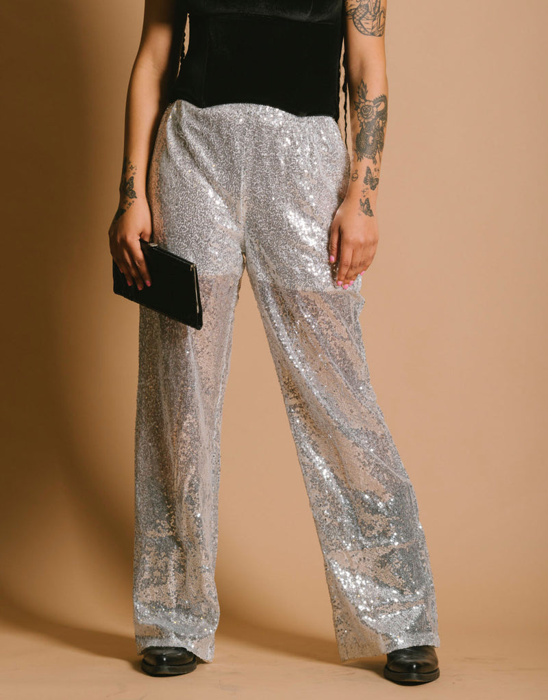 See through sequin trousers
