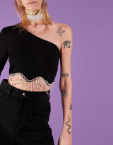 Strass fringe one shoulder crop top