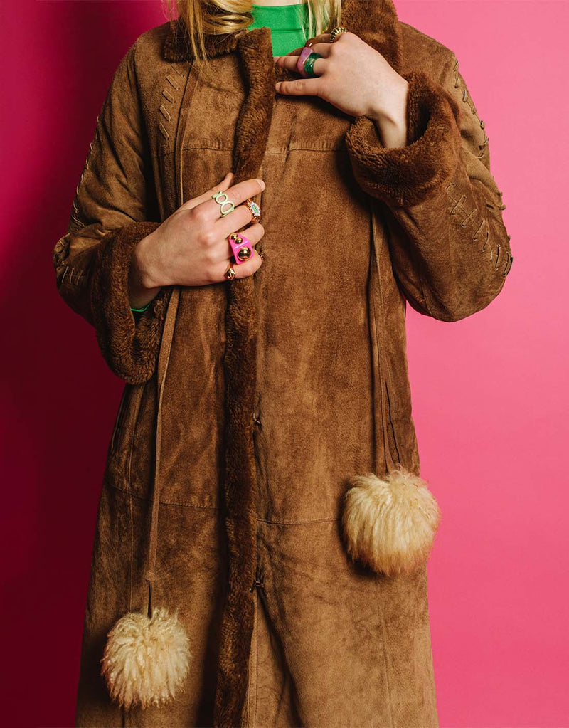 Vintage faux fur coat with pom poms
