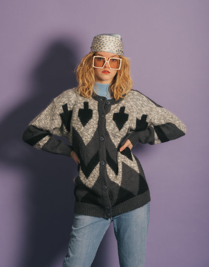 Vintage geometric long knitted cardigan