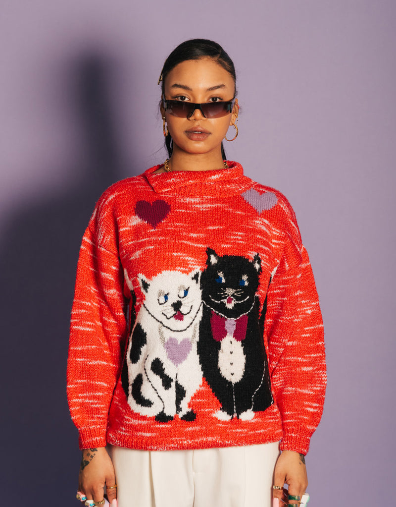 Vintage high neck cats print sweater