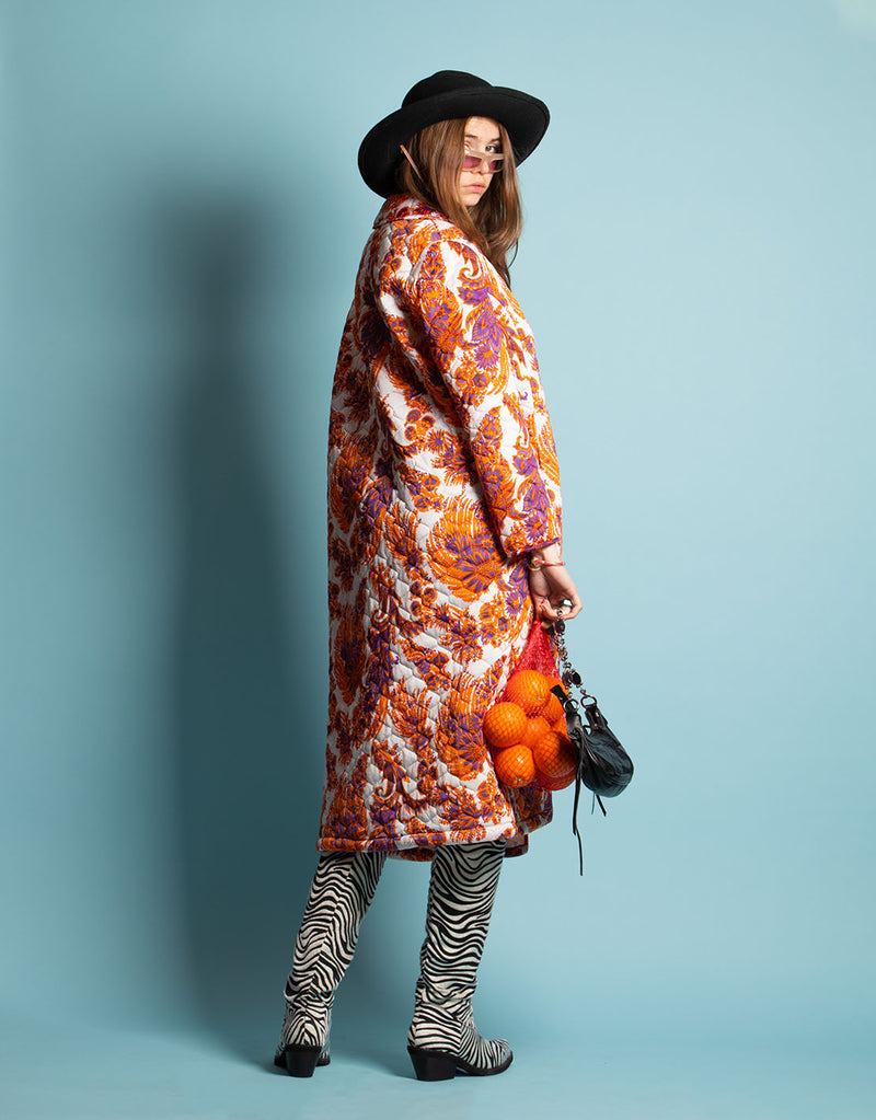 Vintage long coat with a colorful print